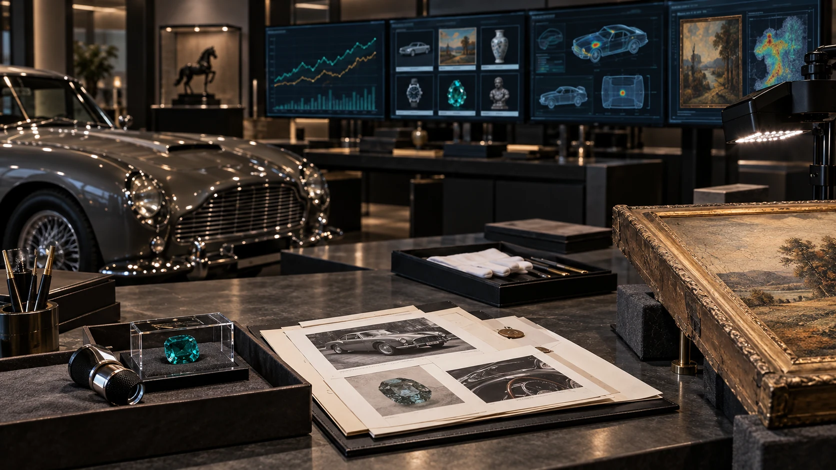 Classic car, fine art and gemstone under institutional inspection with provenance and market data